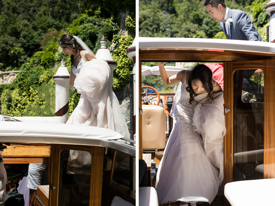 Bride-and-groom-leave-Villa-Balbianello-on-speed-boat-on-photoshoot
