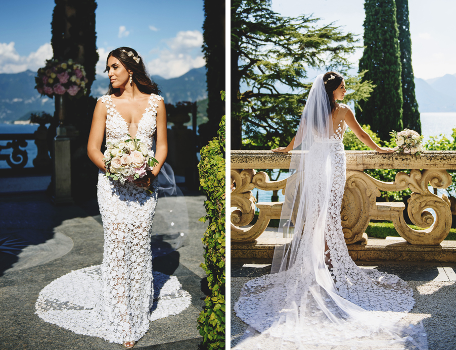 Two-images-of-bride-in-wedding-dress-at-her-wedding-ceremony-at-Villa-Balbianello-on-Lake-Como