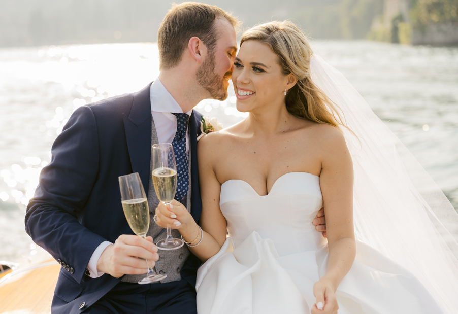Bride-and-groom-on-speedboat-on-Lake-Como